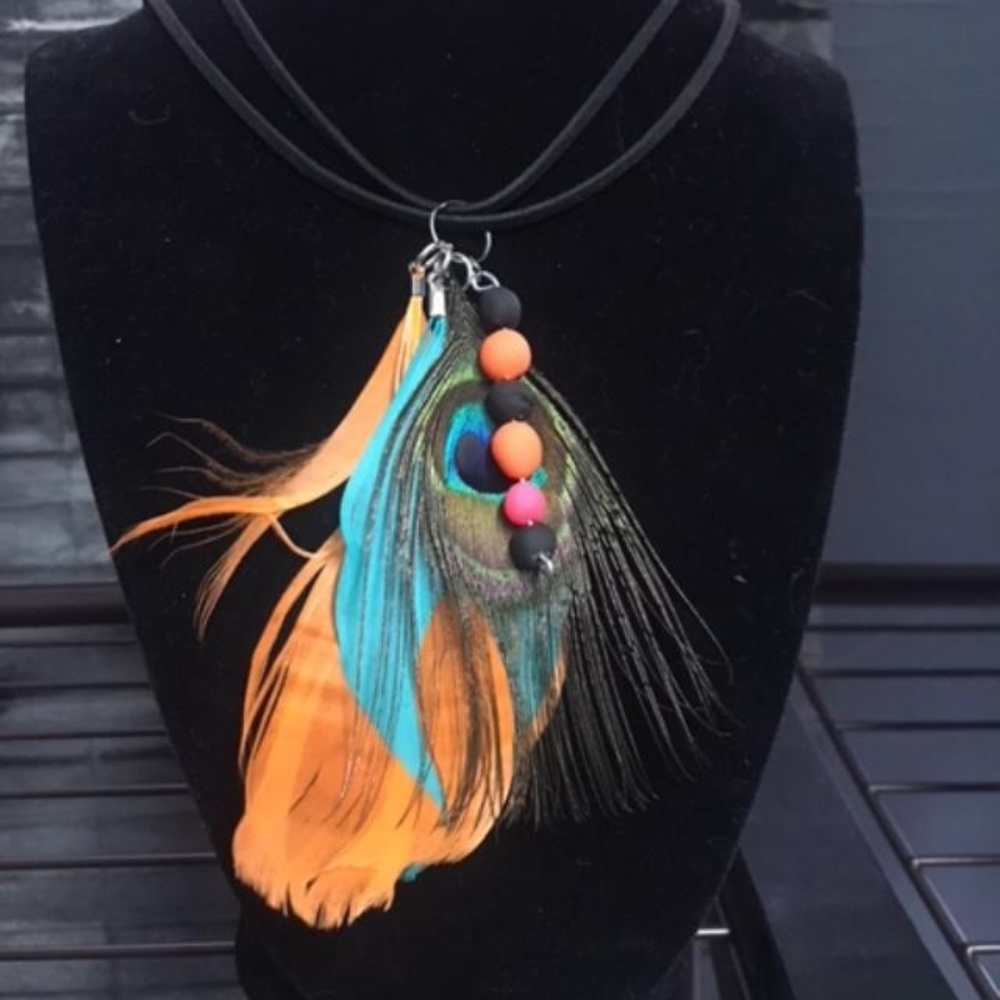 peacock feather necklace 18' suede cord